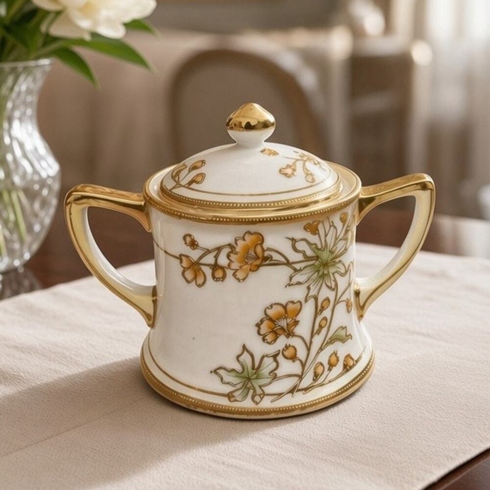 Antique Nippon Morimura Lidded Sugar Bowl Hand Painted Gold Moriage